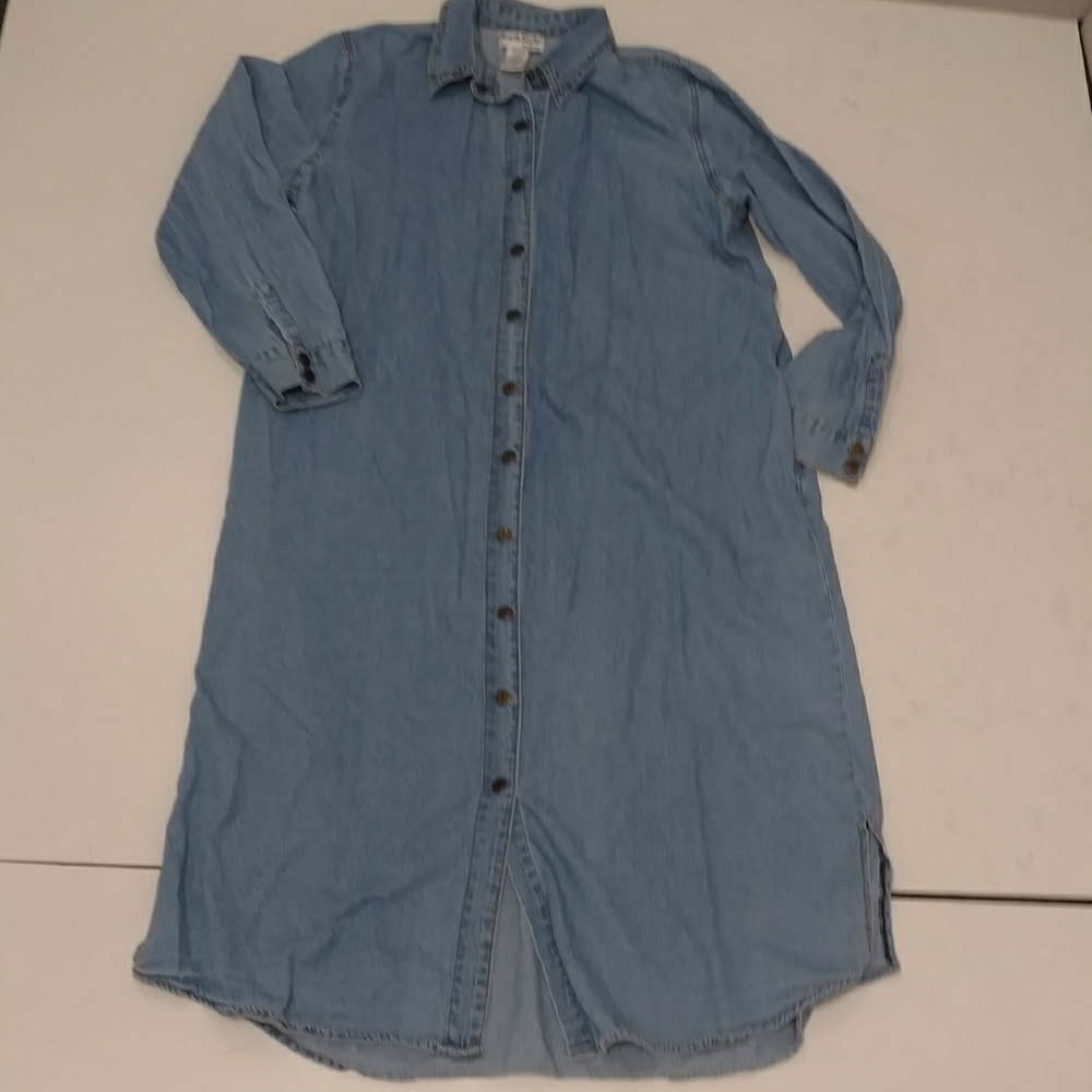 Denim Coat Dress Brass Snaps 100% Cotton Blue Jean Long Jacket Versatile Classic - Picture 8 of 8